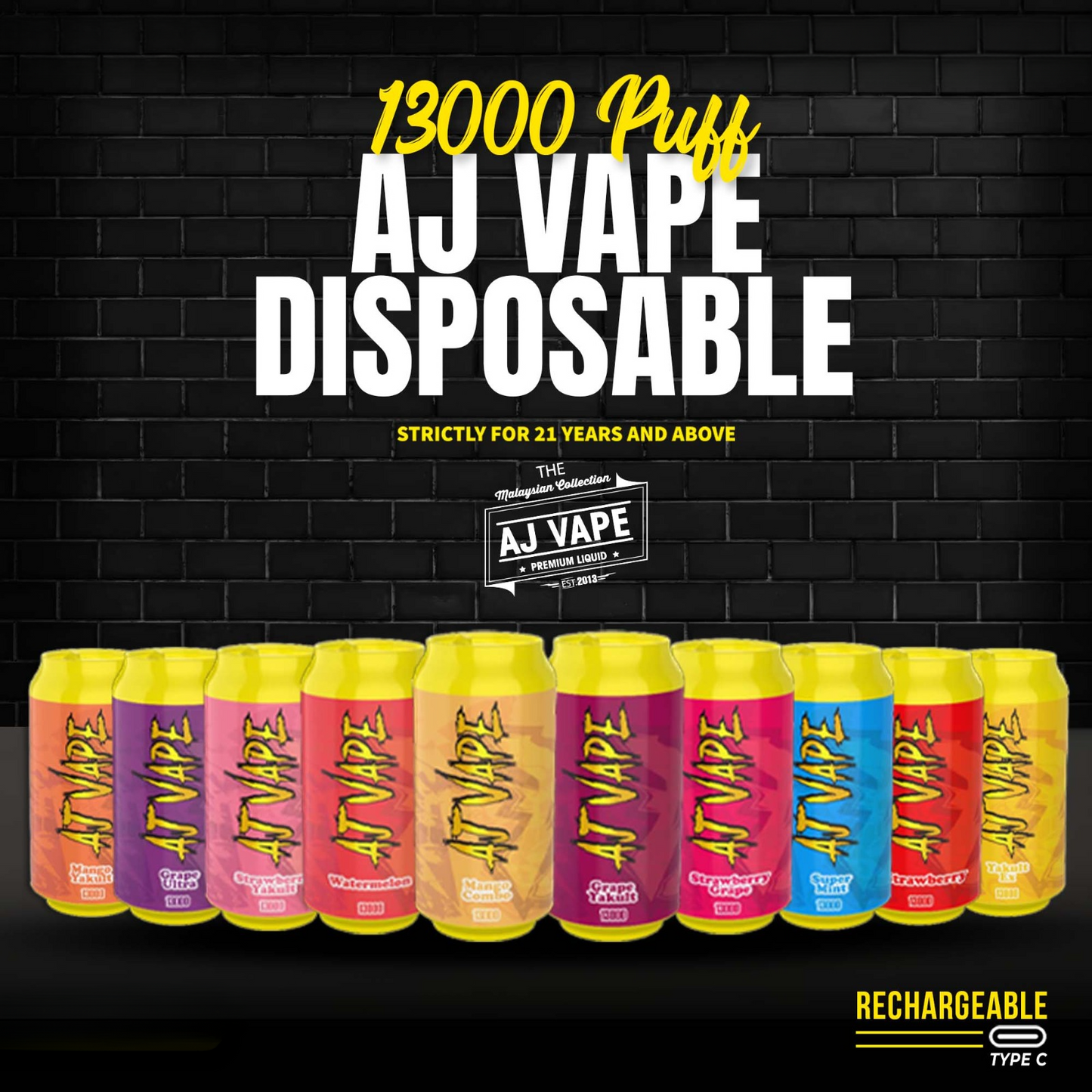 AJ VAPE 13000 RECHARGEABLE DISPOSABLE